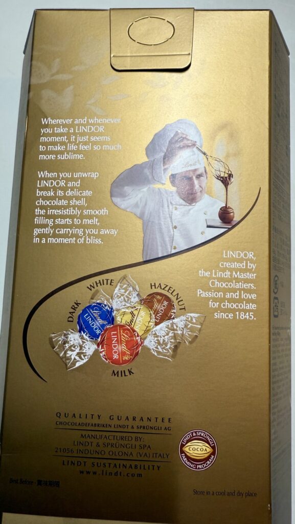 リンツ リンドール ゴールドアソート 600gのパッケージ裏面から撮った画像