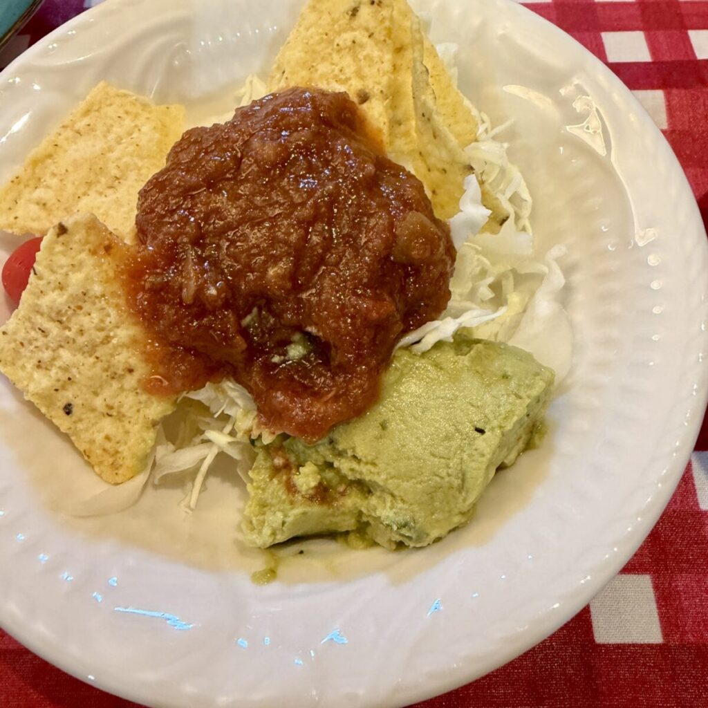 ワカモレとサルサソースとトルティーヤチップスをのせたサラダを撮った画像