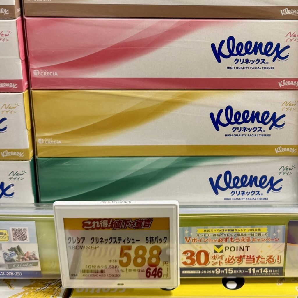 クリネックスティッシューが近所のスーパーで販売されている値段が分かる画像