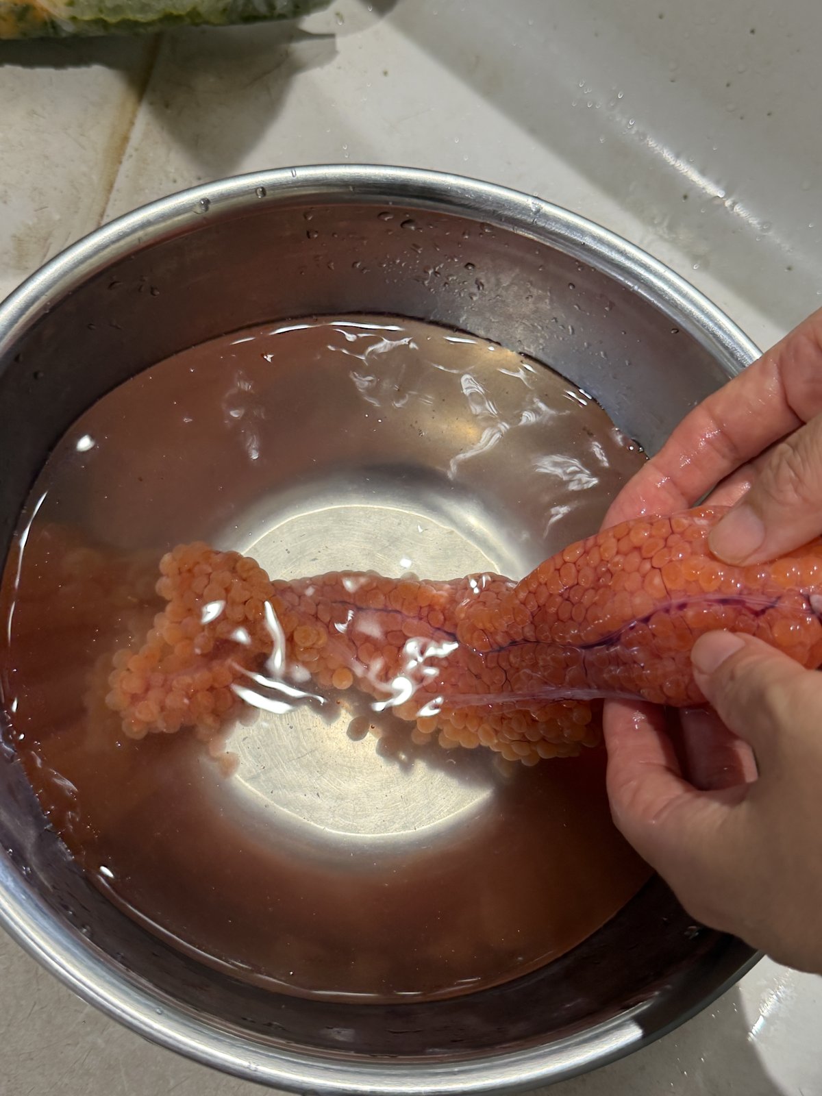 お湯の中で筋子を手でほぐしているところ